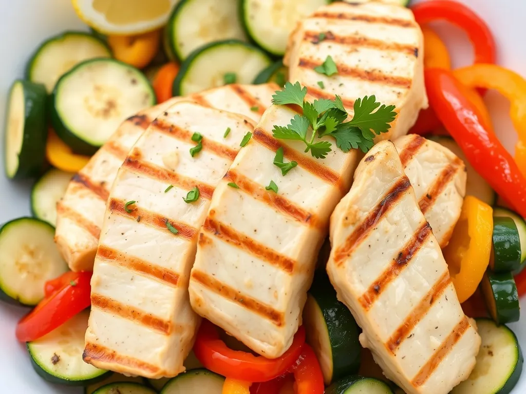 Kurczak z grillowaną cukinią i papryką, posypany natką pietruszki, podany z cytryną jako lekki obiadowy posiłek