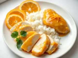 Żeberka wieprzowe w sosie z coli i ketchupu z pieczonymi ziemniakami i natką pietruszki, podane na białym talerzu.
