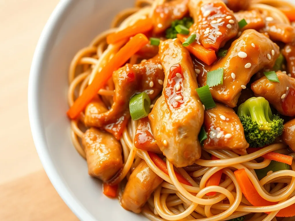 Kurczak po azjatycku z makaronem, warzywami i sezamem na białym talerzu, apetyczne danie w sosie teriyaki.