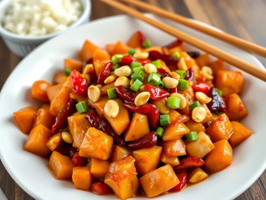 Kurczak gong bao w pikantnym sosie z papryczkami chili, orzeszkami ziemnymi i ryżem w tle, gotowy do podania