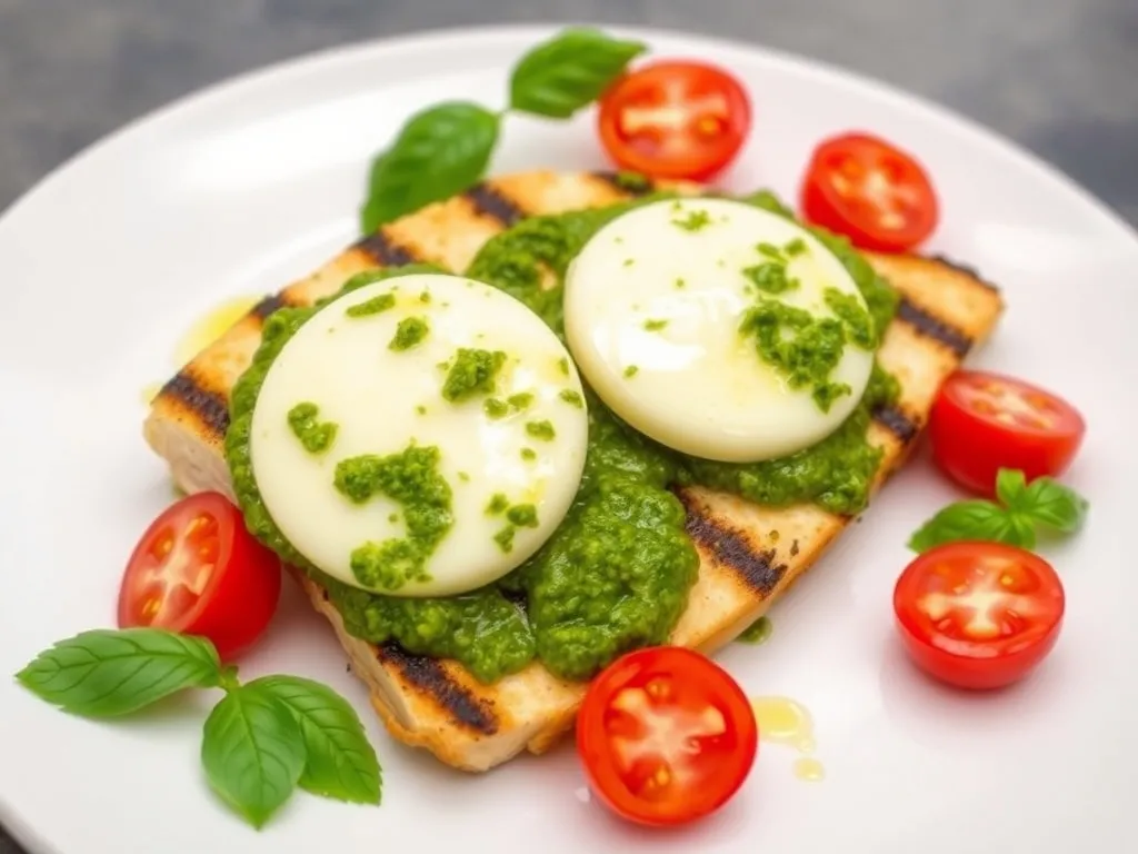 Pokrojona pierś z kurczaka z pesto i mozzarellą, podana z pomidorkami koktajlowymi i bazylią jako propozycja obiadu.