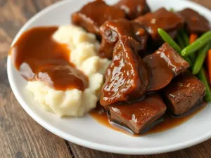 Kurczak gong bao w pikantnym sosie z papryczkami chili, orzeszkami ziemnymi i ryżem w tle, gotowy do podania