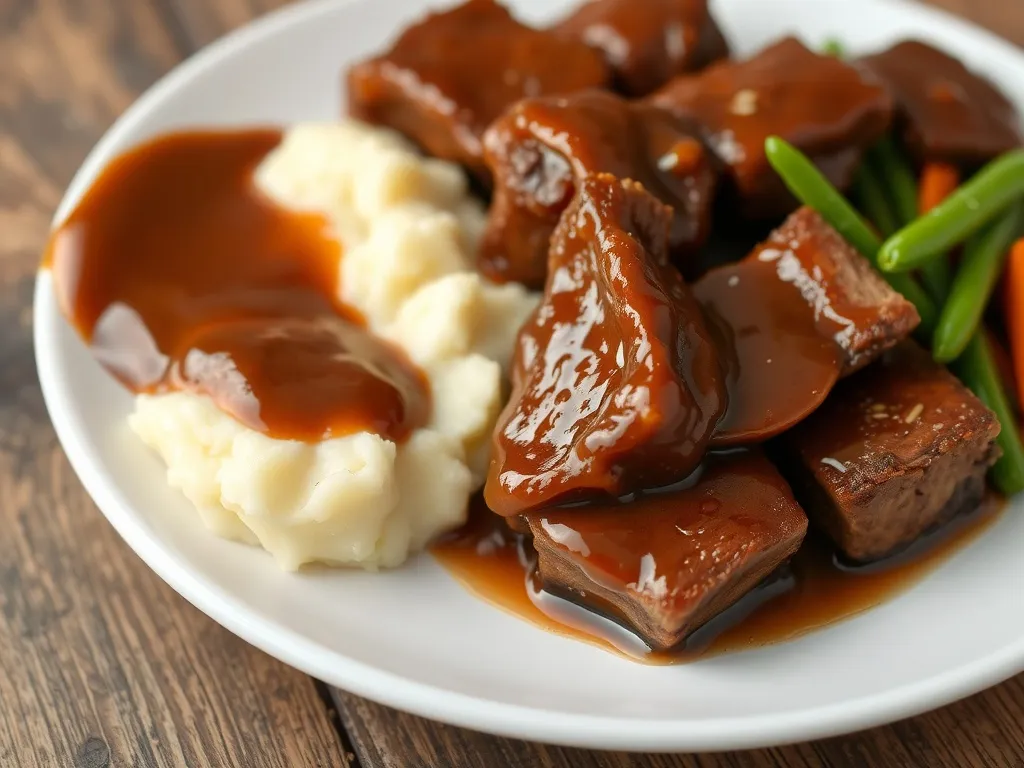 Żeberka duszone w sosie własnym z puree ziemniaczanym i warzywami, podane na rustykalnym, drewnianym stole