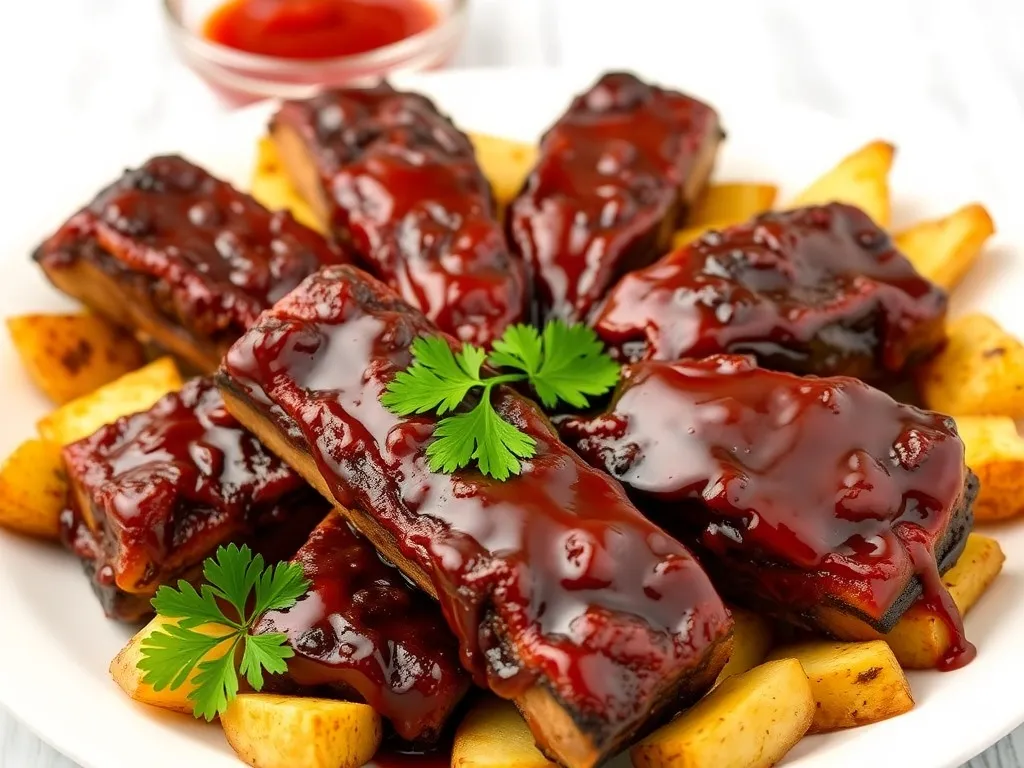 Żeberka wieprzowe w sosie z coli i ketchupu z pieczonymi ziemniakami i natką pietruszki, podane na białym talerzu.