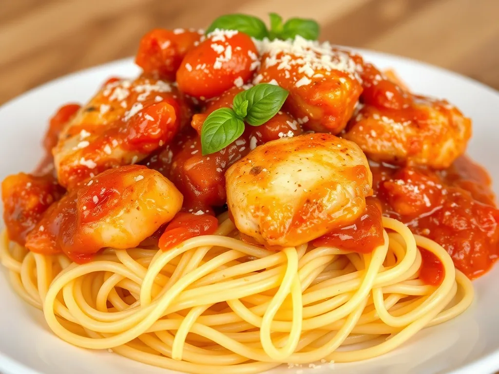Makaron spaghetti z kawałkami kurczaka w gęstym sosie pomidorowym, posypany parmezanem i świeżą bazylią.
