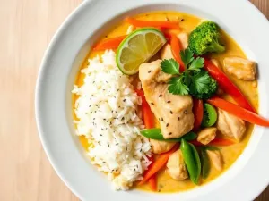 Tajskie curry z kurczakiem w mleku kokosowym z kolorowymi warzywami i ryżem jaśminowym, podane z limonką i kolendrą