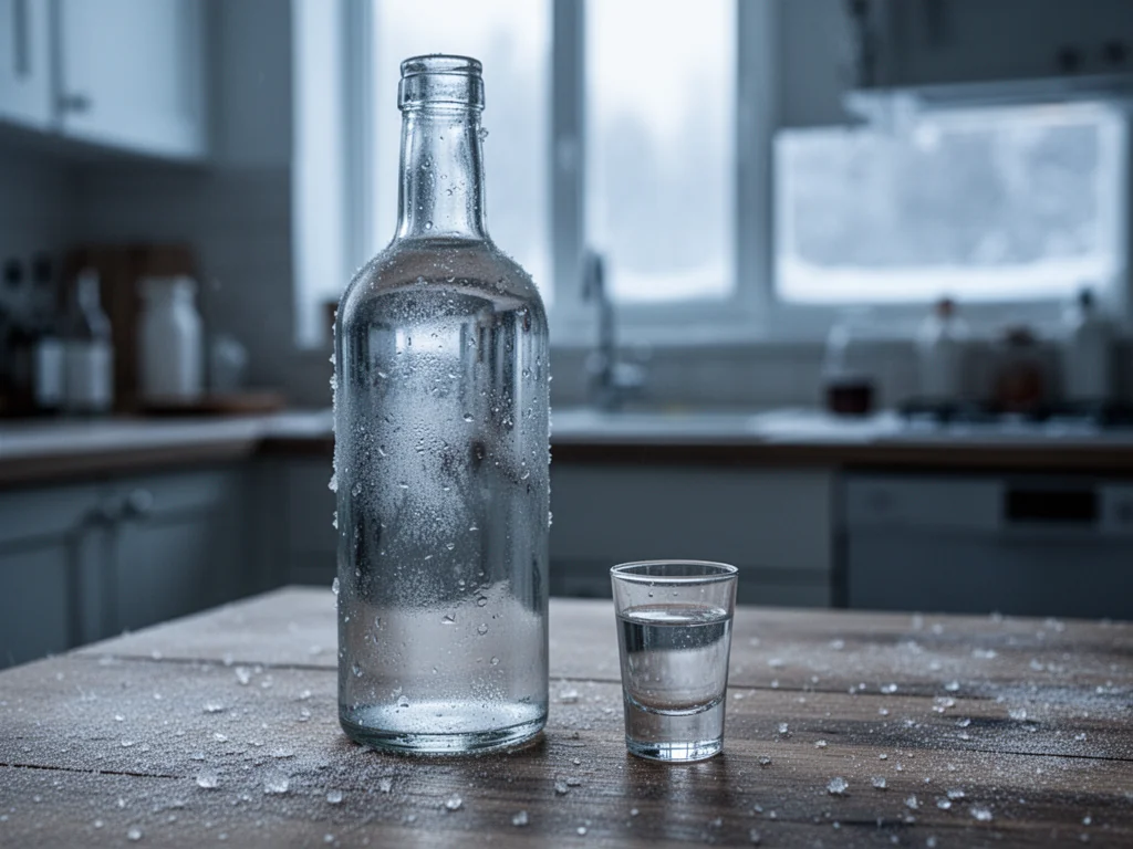 Butelka wódki z kieliszkiem pokryte lekkim szronem, podkreślająca temat zamarzania alkoholu w niskiej temperaturze.