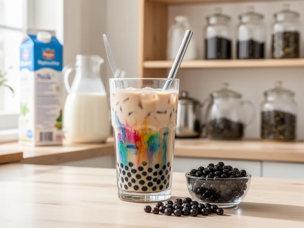 Szklanka domowej bubble tea z tapioką na kuchennym blacie, obok miseczka suchych kulek tapioki, przytulna, jasna kuchnia.