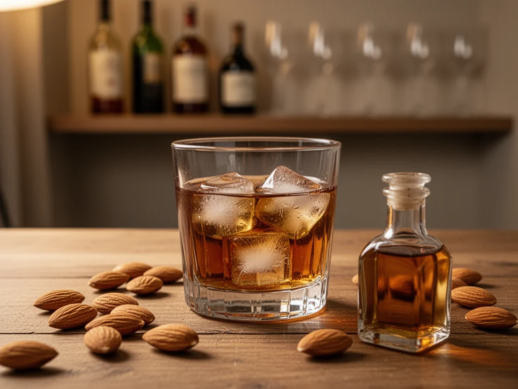 Szklanka bursztynowego amaretto z lodem na drewnianym stole, obok migdały i mała butelka likieru w ciepłym świetle.