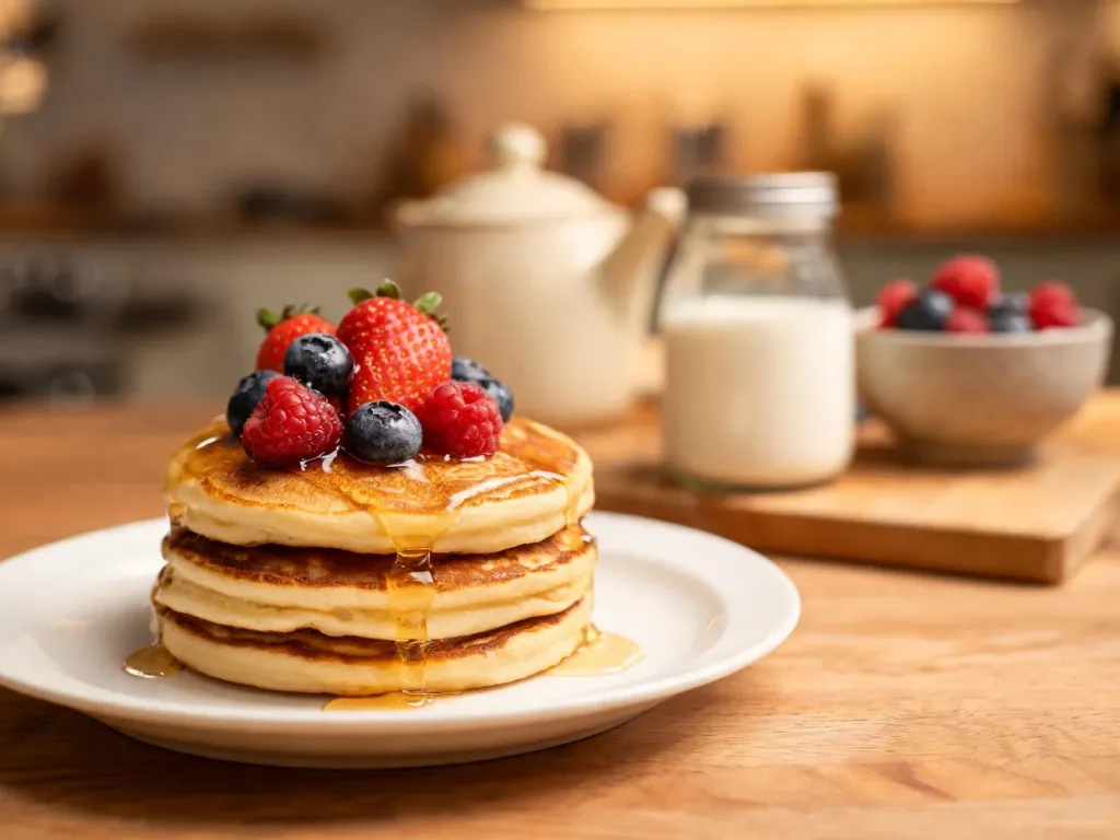 Puszyste pancakes z owocami i miodem na prostym talerzu, w ciepłym, przytulnym świetle domowej kuchni.