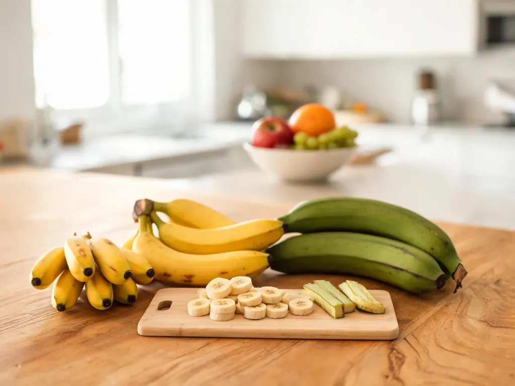 Różne odmiany bananów na drewnianym blacie: żółte, zielone plantany i małe słodkie banany, część pokrojona na desce