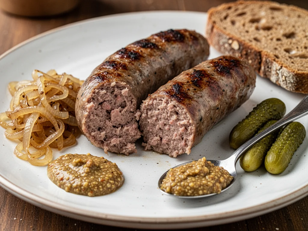 Grillowane, przekrojone kiełbasy wieprzowe z cebulką, musztardą i ogórkami, podane z pajdą żytniego chleba.