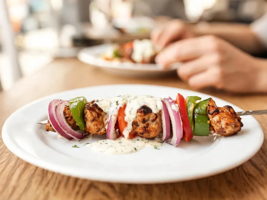 Soczysty kebab na białym talerzu w jasnej restauracji, zachęcający do jedzenia i ilustrujący temat artykułu o pisowni słowa.