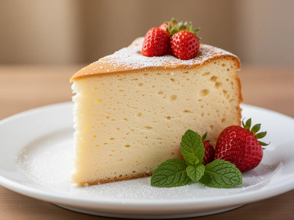 Kawałek lekkiego ciasta z mascarpone z cukrem pudrem, truskawkami i miętą, apetyczna propozycja na deser.