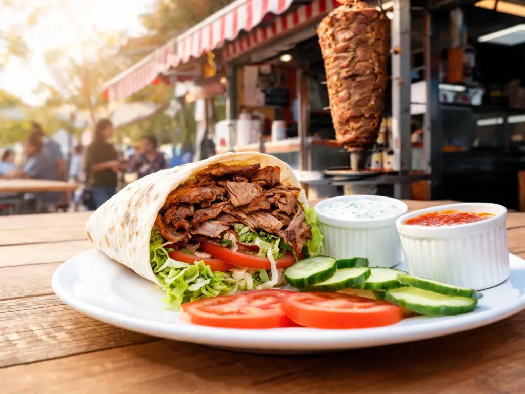 Soczysty kebab döner na talerzu w tureckiej budce ulicznej, otoczony warzywami i sosami, zachęcający turystów ceną i smakiem.