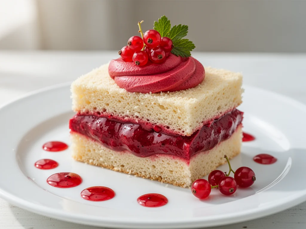 Kawałek biszkoptu z grubą warstwą kremu porzeczkowego, ozdobiony świeżymi porzeczkami i kroplami sosu porzeczkowego