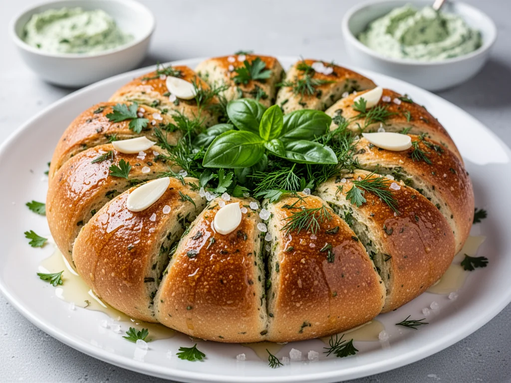 Okrągły, odrywany chlebek ziołowy z Thermomixa, złocisty z masłem, czosnkiem i świeżymi ziołami, podany na białym talerzu.