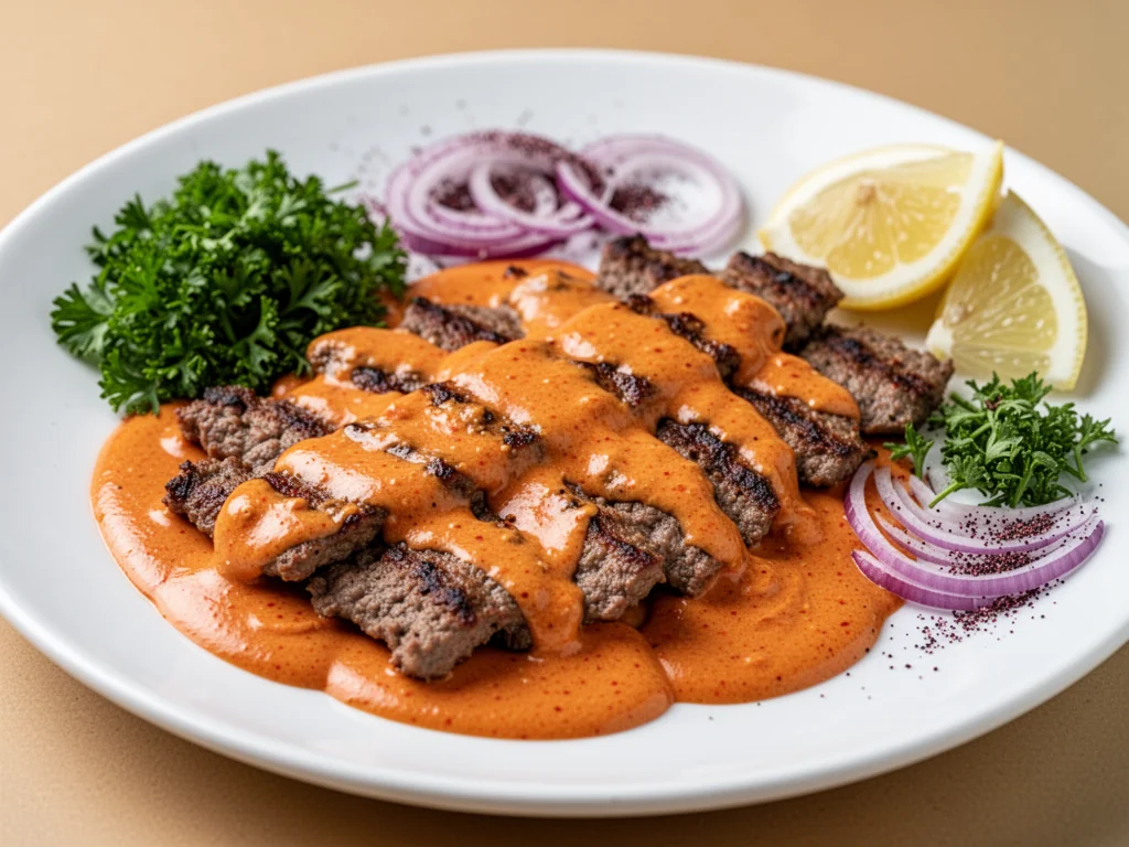 Cienko krojone mięso kebab z obfitą porcją kremowego, pomarańczowo‑czerwonego sosu tureckiego, podane z ziołami i cebulą.