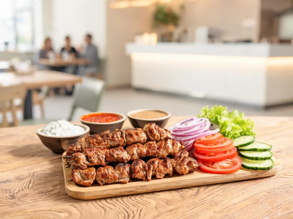 Apetyczny kebab z warzywami i sosami na stole w jasnej restauracji, zachęcający do rozważenia go jako dania typu fast food.