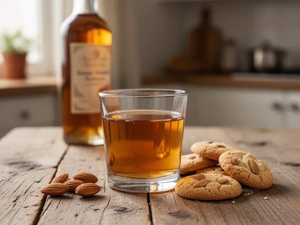 Kieliszek likieru amaretto na drewnianym stole z migdałami i ciastkami, w ciepłej, przytulnej kuchennej scenerii.