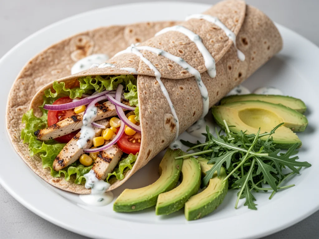 Tortilla pełnoziarnista z kurczakiem, warzywami i sosem jogurtowo-czosnkowym, podana z awokado i rukolą.