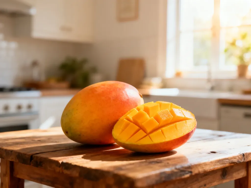 Soczyste, przekrojone na pół mango na drewnianym stole w słonecznej kuchni. Świeży owoc w żywych kolorach.