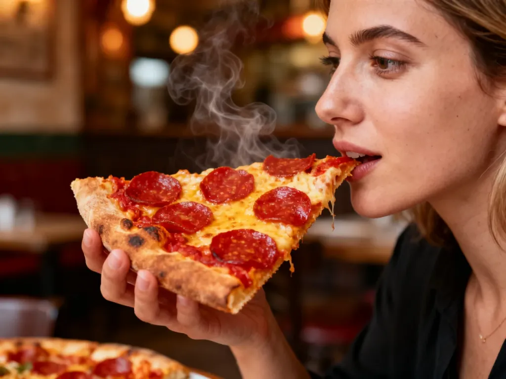 Kawałek gorącej pizzy pepperoni trzymany w dłoni na tle przytulnej włoskiej restauracji.