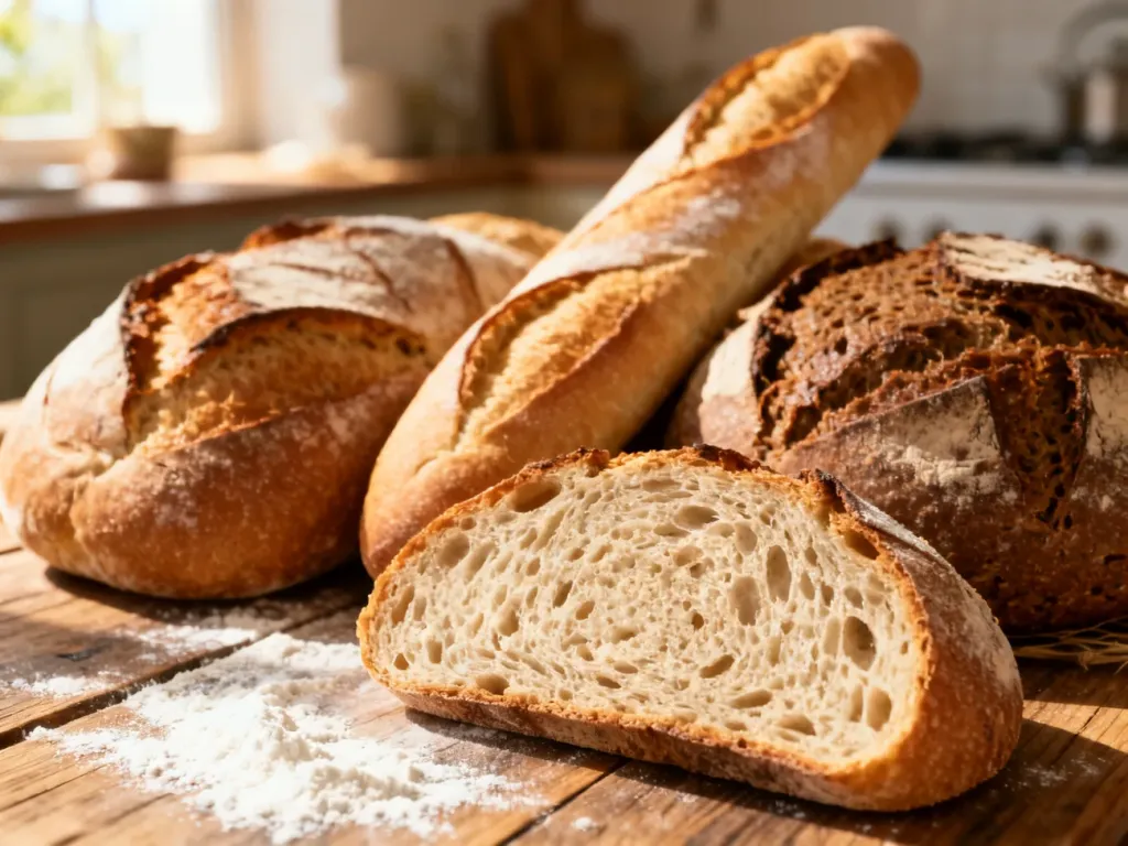 Różne rodzaje rzemieślniczego pieczywa na drewnianym stole, w tym bochenki na zakwasie, bagietka i chleb żytni.