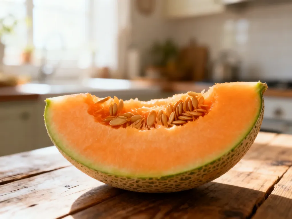 Świeży, pokrojony melon kantalupa o soczystym pomarańczowym miąższu na drewnianym stole w słonecznej kuchni.